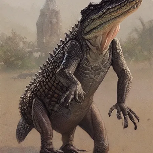 Image similar to an alligator, wearing a vest, wlop, greg rutkowski