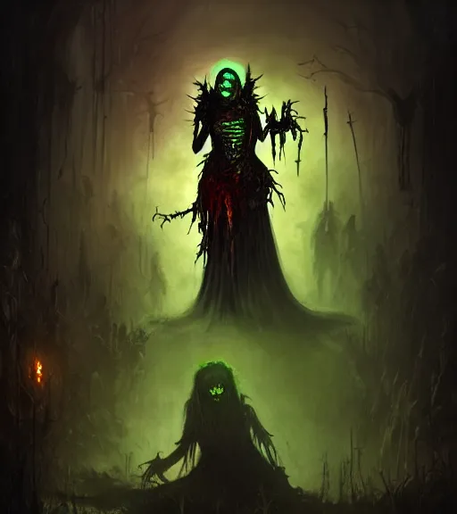 Image similar to gothic necrolord female with zombie servents, digital painting, liminal eerie midnight backlit, a picture taken by Michael Komarck and Daniel Ljunggren