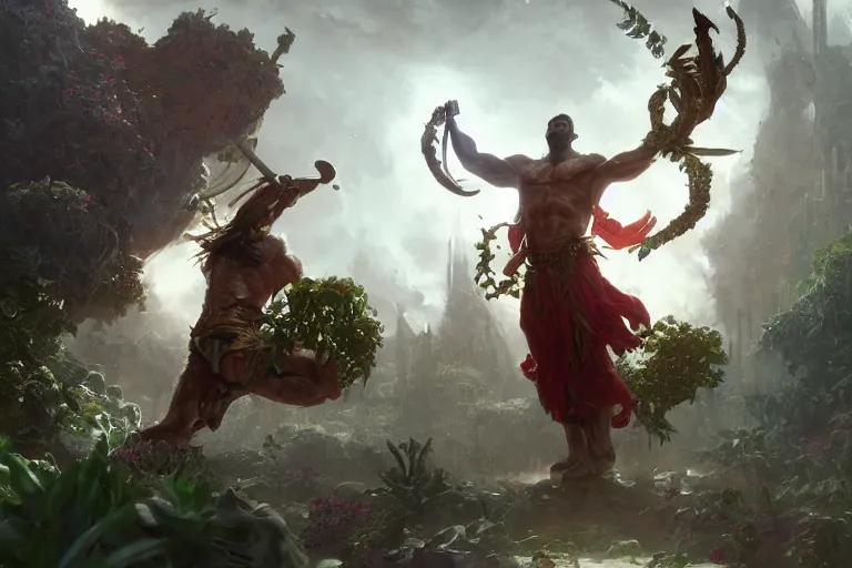 Image similar to a muscular tunisian man wearing plants fighting a cat wearing a crown and cape wielding a scepter, fantasy, digital painting, volumetric light, intricate, sharp, focus, bloom, illustration, highly detailed, concept art, matte, ruan jia, randy vargas, greg rutkowski