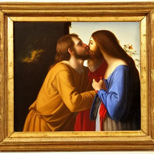 Image similar to an oil panting of a jesus kissing maria maddalena