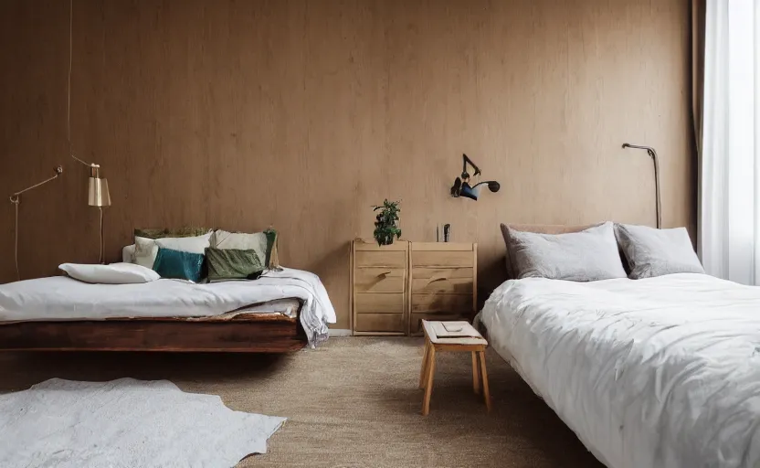 Prompt: interior of a compact bedroom in an apartment building, bed, bronze wall, cupboards, czech design, swedish design, natural materials, minimalism, pine wood, earth colors, feng shui, rustic, white, beige, bright, plants, windows with a view of a green park, modernist, 8 k