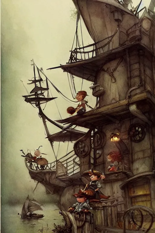 Prompt: (((((1950s fairy tale pirate city . muted colors.))))) by Jean-Baptiste Monge !!!!!!!!!!!!!!!!!!!!!!!!!!!