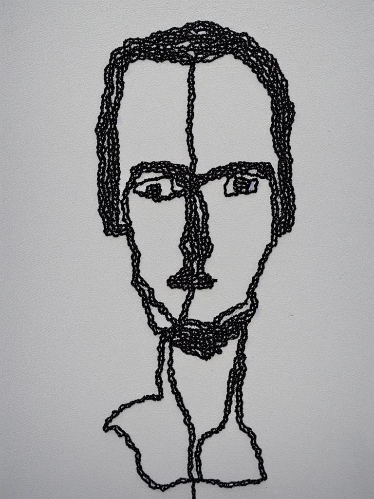 Prompt: simple and elegant wire art portrait of a single man, influenced by egon schiele. minimalist artwork full of human emotional expression and personality, powerful gaze, dramatic.