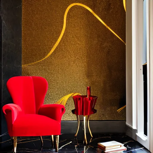 Image similar to a red chair, surrounded by sinuous gold tools, at the end of a black reflective marble hallway