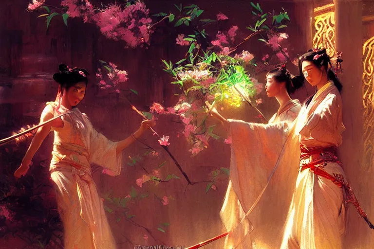 Image similar to wuxia, spring, neon light, painting by gaston bussiere, craig mullins, j. c. leyendecker