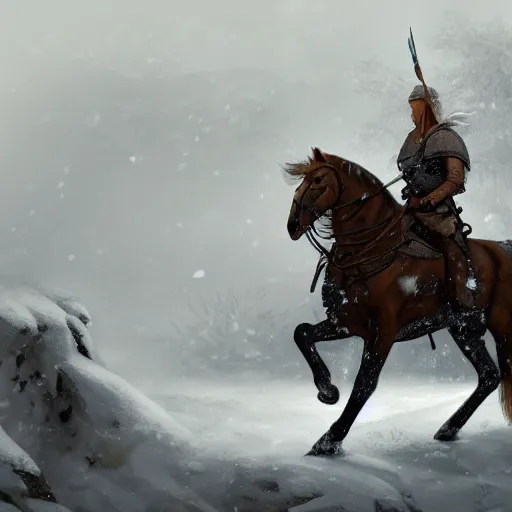 Image similar to A Nordic warrior on horseback in the snowy mountains during a snowstorm, fantasy, medieval, highly detailed, Artstation