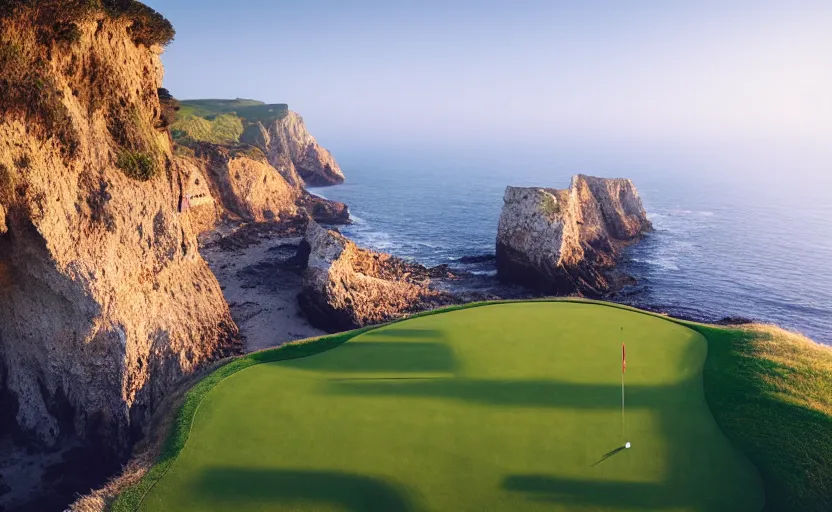 Image similar to a great photograph of the most amazing golf hole in the world, incredible light, cliffs by the sea, perfect green fairway, human perspective, ambient light, 5 0 mm, golf digest, top 1 0 0, fog