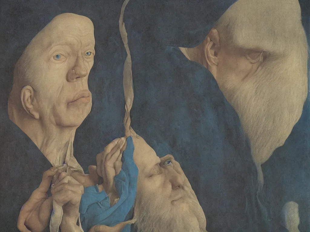 Prompt: Portrait of albino mystic with blue eyes, inside the close up macro ear cavity of an old man. Painting by Jan van Eyck, Audubon, Rene Magritte, Agnes Pelton, Max Ernst, Walton Ford