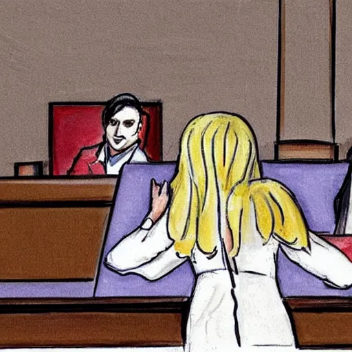 Image similar to courtroom sketch of lady gaga in the witness stand pointing at the hamburgler who is sitting at the defendant ’ s table