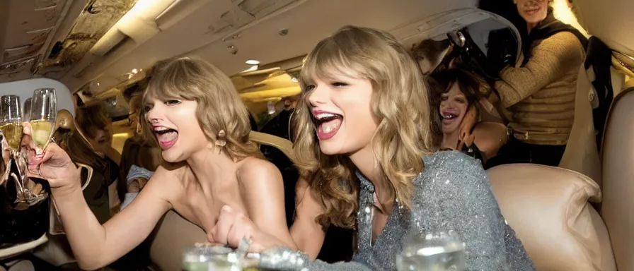 Image similar to Cinematography Taylor Swift Lauging and drinking champagne in her private jet by Emmanuel Lubezky