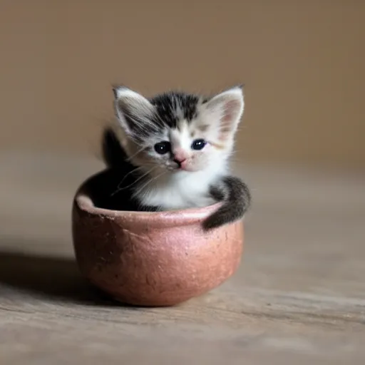 Prompt: extremely tiny kitten in a flowervase