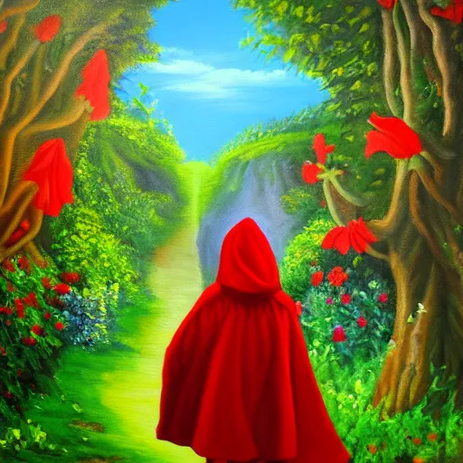 Image similar to oil painting of little red riding hood walking through a fantasy landscape filled with brugmansia suaveolens flowers