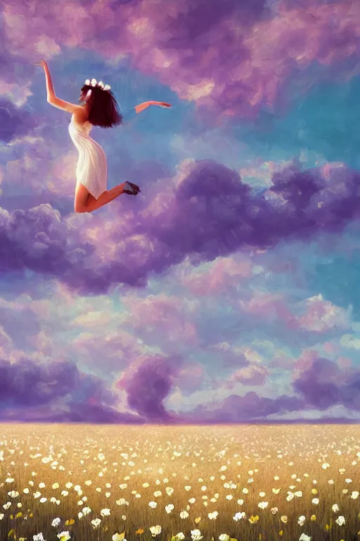 Image similar to giant white daisy flower as head, full body girl dancing in a flower field, surreal photography, sunrise, dramatic light, impressionist painting, colorful clouds, digital painting, artstation, simon stalenhag