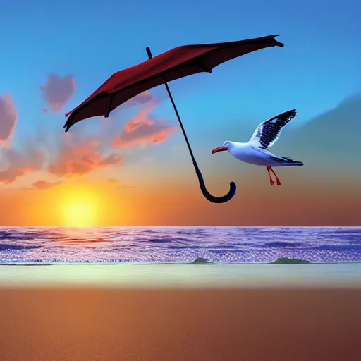 Image similar to seagulls flying over a beach umbrella on the beach at sunrise, concept art, highly detailed, high quality, bright colors,