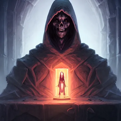 Image similar to necromancer sitting on a throne inside dungeon crypt, wearing a dark hood and completely blank mask, gray stone wall behind him by Stanley Artgerm Lau, WLOP, Rossdraws, James Jean, Andrei Riabovitchev, Marc Simonetti, and Sakimichan, Unreal Engine, 4k, trending on Artstation