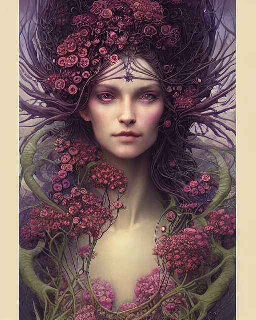 Prompt: centered beautiful detailed front view portrait of a woman with ornate growing around, ornamentation, flowers, elegant, beautifully soft lit, full frame, by wayne barlowe, peter mohrbacher, kelly mckernan,