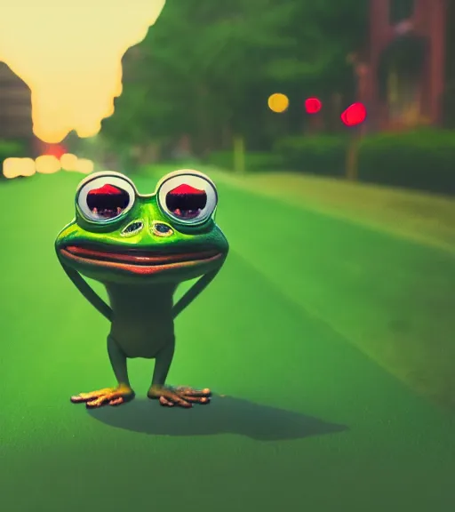Prompt: pepe the frog walking by in summer dawn, in style by matt furie, positive atmosphere, cool vibes, bao phan, deep depth field, masterpiece, cinematic composition, hyper - detailed, hd, hdr