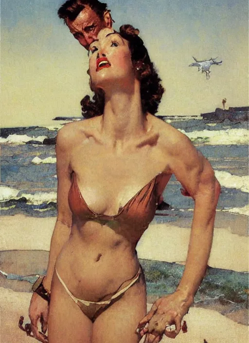 Prompt: illustration upper body and head portrait of elegant woman in the beach, by norman rockwell, roberto ferri, daniel gerhartz, edd cartier, jack kirby, howard v brown, ruan jia, tom lovell, frank r paul, jacob collins, dean cornwell, pulp 5 0 s scifi