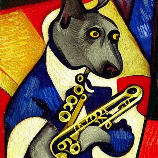 Prompt: dog playing the saxophone, sitting on the couch, medieval portrait, cubism, by van gogh, close up