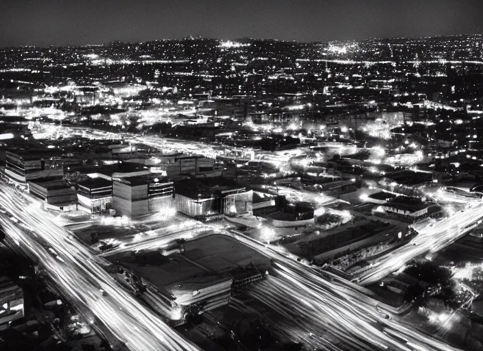 Image similar to a sprawling building complex seen from a dark parking lot in los angeles at night. 1 9 9 0 photo by james cameron. urban photography