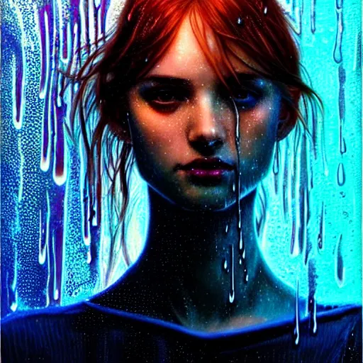 Image similar to bright asthetic portrait LSD glowing backlit rain on face and wet hair, fantasy, intricate, elegant, dramatic lighting, highly detailed, lifelike, photorealistic, digital painting, artstation, illustration, concept art, smooth, sharp focus, art by John Collier and Albert Aublet and Krenz Cushart and Artem Demura and Alphonse Mucha