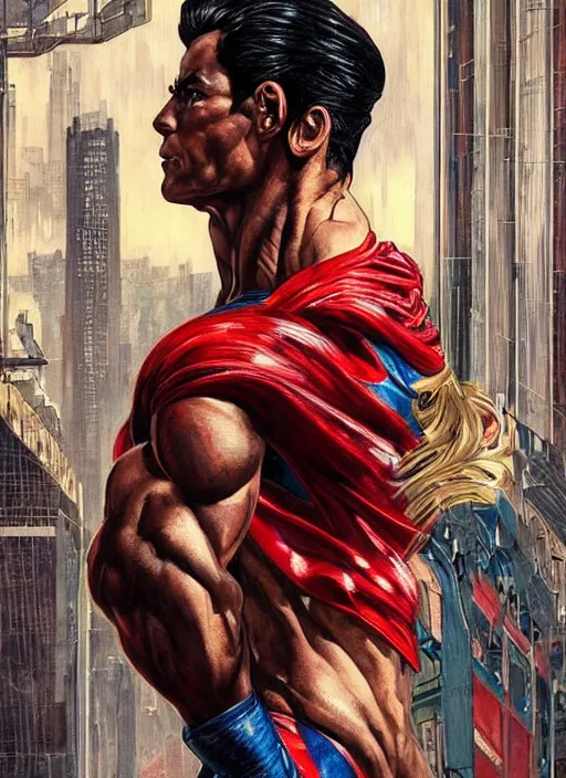 Image similar to portrait of crossfit bodybuilder fitness sprinter superman!, futuristic detailed ornate cyberpunk costume!, red and black costume!!!, pale skin!, no logo!!!, painted art by tsuyoshi nagano, greg rutkowski, artgerm, alphonse mucha, spike painting