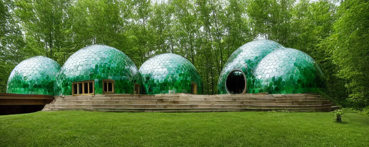 Image similar to spectacular green dome house by buckminster fuller and kristoffer tejlgaard, earthship, optimus sun orientation, north hemisphere,