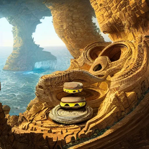 Image similar to a gigantic paleolothic torus made of stone with highly detailed carvings of intricate shamanic robotic electronics and circuitry, in a mediterranean lanscape, inside a valley overlooking the sea, in the style of andreas rocha