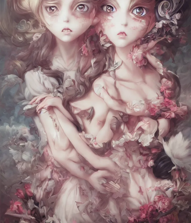 Image similar to anime 3 d art, wlop art, realistic marie antoinette girl painting, japanese street fashion, hyper realism, muted colours, rococo, natalie shau, anime, tom bagshaw, mark ryden, trevor brown style