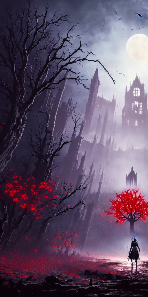 Image similar to abandoned bloodborne old valley with a person at the centre and a ruined gothic city at the end, trees and stars in the background, falling red petals, epic red - orange moonlight, perfect lightning, wallpaper illustration by niko delort and kentaro miura, 4 k, ultra realistic