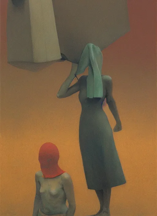 Image similar to women in paper bag over the head and a sward in rubbles Edward Hopper and James Gilleard, Zdzislaw Beksinski, highly detailed