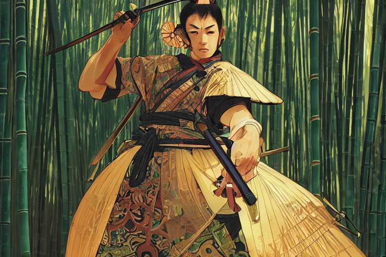 Image similar to close up of samurai in full armor, in a mysterious and bamboo forest, golden hour, by fiona staples, range murata, alphonse mucha