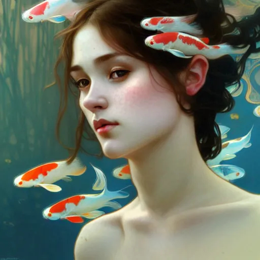 Image similar to Portrait of a girl surrounded by Koi fish, face, fantasy, intricate, elegant, highly detailed, digital painting, artstation, concept art, smooth, sharp focus, illustration, art by Krenz Cushart and Artem Demura and alphonse mucha