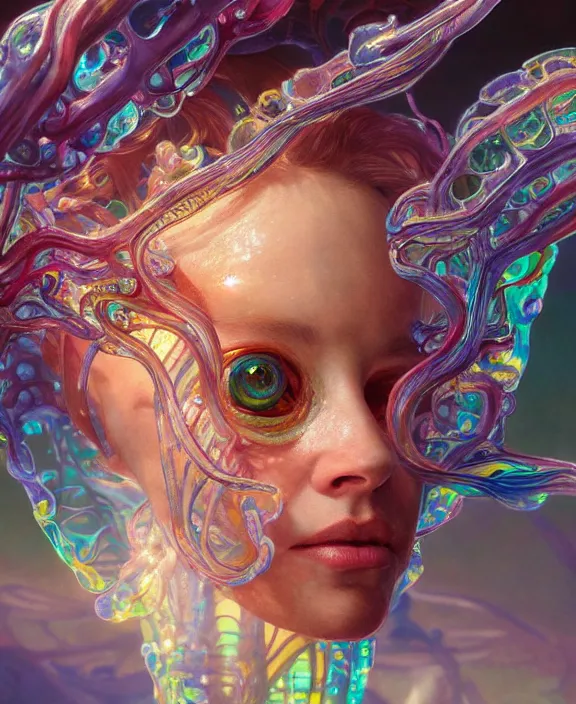 Image similar to intricate colorful transparent portrait of a terrifying beautiful alien sea creature, mottled coloring, adorable, childlike, biopunk environment, ultra realistic, concept art, art nouveau, photorealistic, octane render, 8 k, unreal engine. art by christopher marley and artgerm and greg rutkowski and alphonse mucha