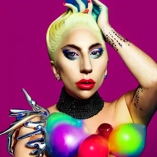 Image similar to lady gaga artpop act 2 album cover shot by nick knight, full body, artpop, jeff koons, canon, highly realistic. high resolution. highly detailed. dramatic. 8 k. 4 k.