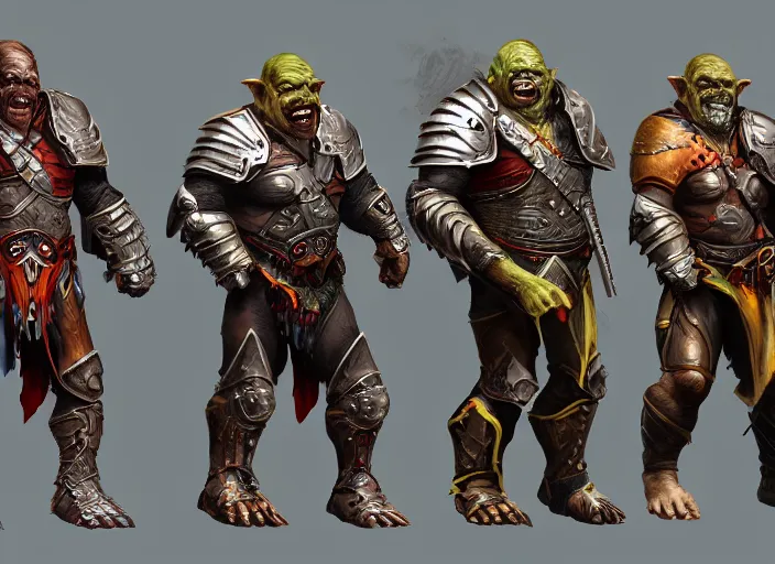 Prompt: three different views of orcs in armour, colourful concept art by senior character artist, trending on artstation, artstation hd, full body, ultra - realistic! intricate!