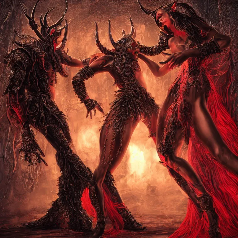 Image similar to black man and a female devil in red dress with horns are dancing together, in Dark souls and elden ring style, insanely detailed and intricate, golden ratio, hypermaximalist, elegant, ornate, luxury, elite, ominous, haunting, matte painting, cinematic, cgsociety, James jean, Brian froud, ross tran, Laputa, photorealism