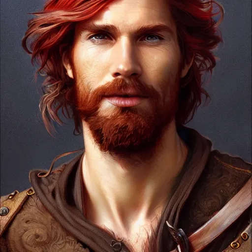 Image similar to portrait of a young ruggedly handsome but joyful pirate, male, masculine, upper body, red hair, long hair, d & d, fantasy, soft smirk, intricate, elegant, highly detailed, digital painting, artstation, concept art, matte, sharp focus, illustration, art by artgerm and greg rutkowski and alphonse mucha