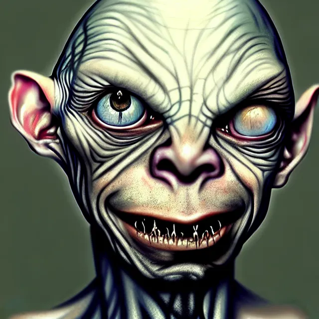 Prompt: epic professional digital airbrushed portrait art of an emo Gollum , scary portrait, lord of the rings, sci-fiart, fantasy art, best on artstation, cgsociety, wlop, Behance, pixiv, cosmic, epic, stunning, gorgeous,, masterpiece by Dorian Cleavanger and Stanley Lau