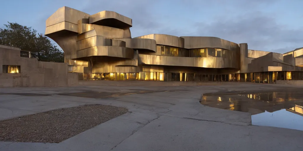 Prompt: wide angle photo of brutalist building made from reflective nickel chrome with copper and gold. twilight. highly reflective and shiny. frank loyde wright