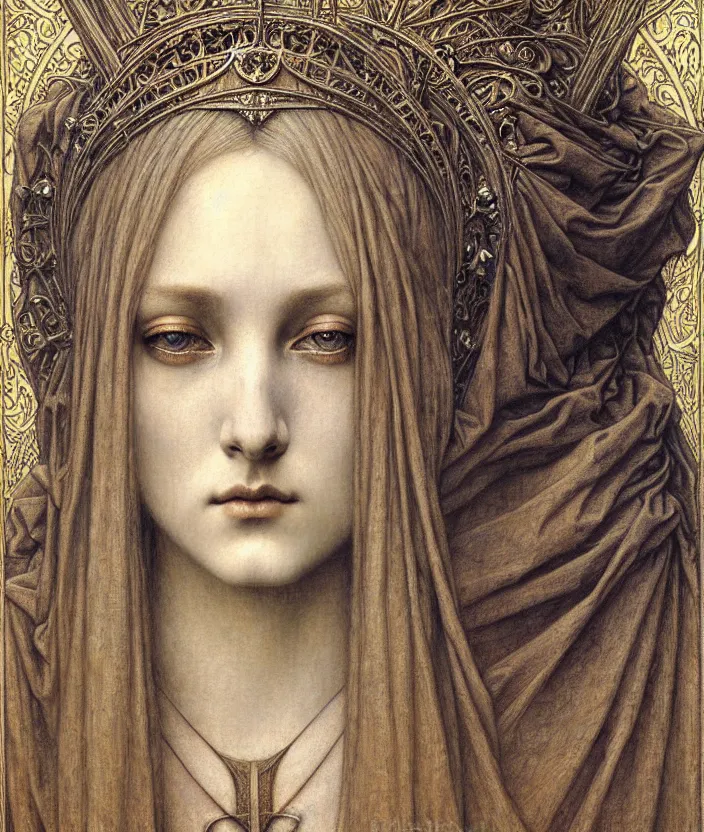 Image similar to detailed realistic beautiful young medieval queen face portrait by jean delville, gustave dore and marco mazzoni, art nouveau, symbolist, visionary, gothic, pre - raphaelite. horizontal symmetry