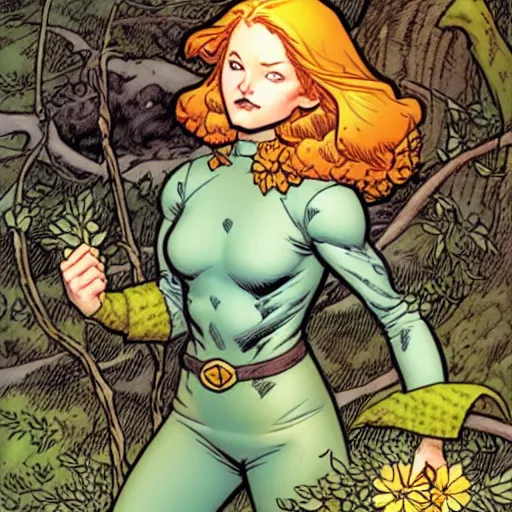 Prompt: A cute little Jean Grey by xmen collecting flowers in the forest. Absurdly-detailed fantasy character illustration by Rebecca Guay and Wayne Reynolds