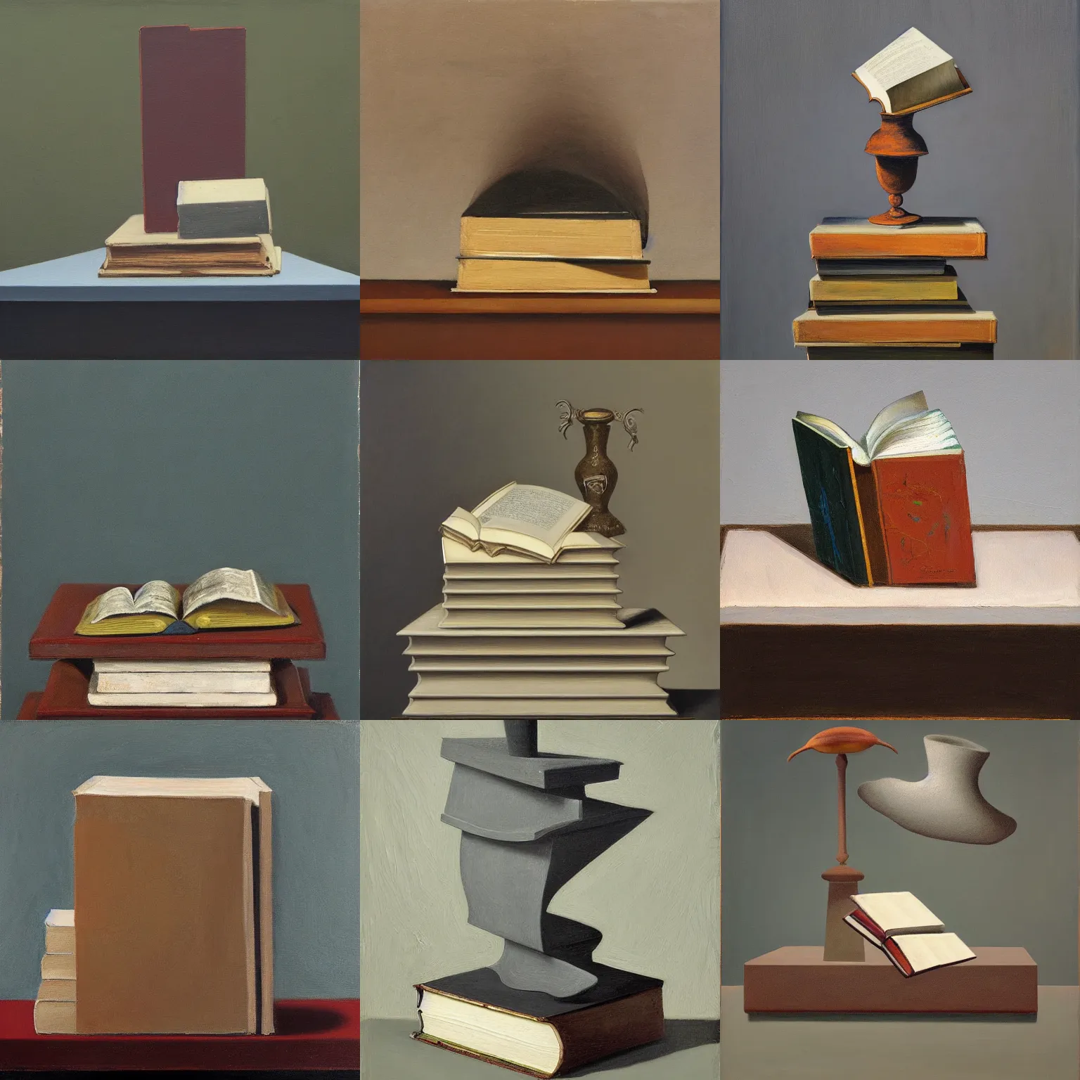 Prompt: ultrafine detailed painting of a book on top of a plinth, biomorphic, still life by julian schnabel and gertrude abercrombie, tonalism, oil on canvas, abstract sculpture, surrealist painting, wikiart, behance, conceptual art