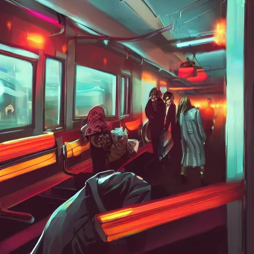 Image similar to fight between grandmas in the train moscow-ryazan, cyberpunk, neon, concept art