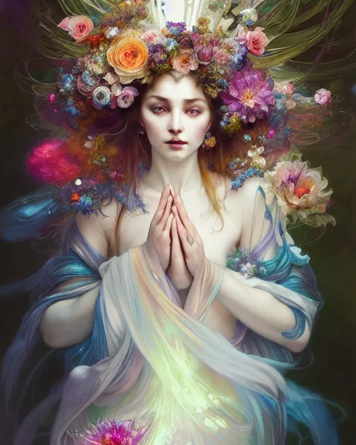 Prompt: Full View ultrarealistic Portrait ethereal fantasy deity wearing beautiful gown, flowers, spirituality, levitating, 4k digital masterpiece by Anna Dittman and Alberto Seveso Ruan Jia, rossdraws, artgerm and greg rutkowski and alphonse mucha and loish and WLOP, fantasycore, Hyperdetailed, fractals, scribble art, realistic digital painting, atmospheric, fireflies, soft lighting, featured on Artstation