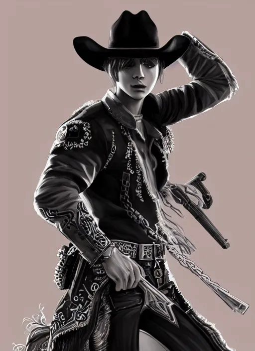 Image similar to a highly detailed illustration of bts v as cowboy wearing black cowboy hat, dramatic shooting gun pose, perfect face, intricate, elegant, highly detailed, centered, digital painting, artstation, concept art, smooth, sharp focus, league of legends concept art, wlop