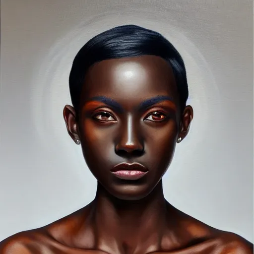 Prompt: A portrait of a thin trendy and gorgeous non-binary person, dark black skin tone, oil painting, majestic, detailed, high resolution