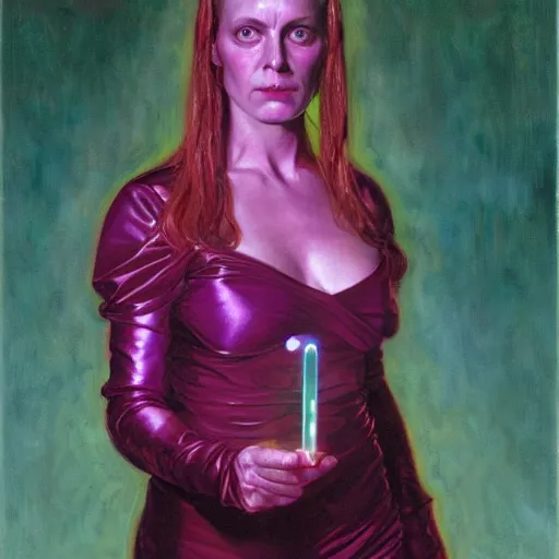 Prompt: portrait of a woman with eyes glowing magenta, and plasma hands magenta, by donato giancola.