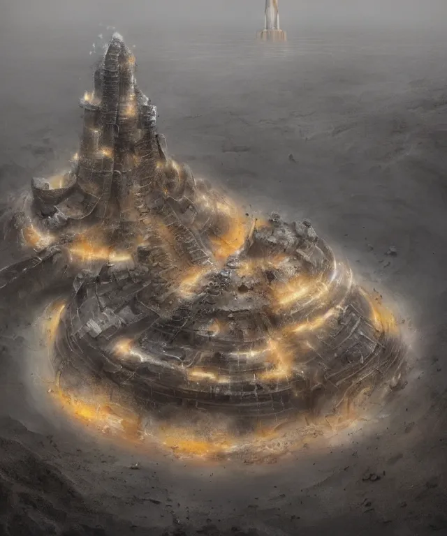 Prompt: surreal architectural photography of a cosmic neuronal ancient futuristic mecha bioremediation architecture tower of babylon race in the black sand, matte painting, by ruan jia, ochre palette, ochre lights, blue sky iceland foggy coast, by ranmaru kotone