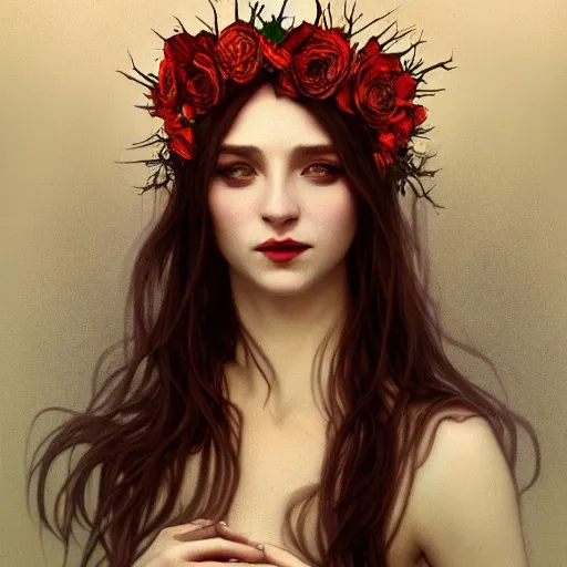 Prompt: portrait of beautiful vampire, flower crown, thorn everywhere, headshot, pale skin, 4k, rule of thirds, extreme detail, detailed drawing, trending artstation, hd, fantasy, D&D, realistic lighting, by Alphonse Mucha, Greg Rutkowski, sharp focus, backlit, bright red hair